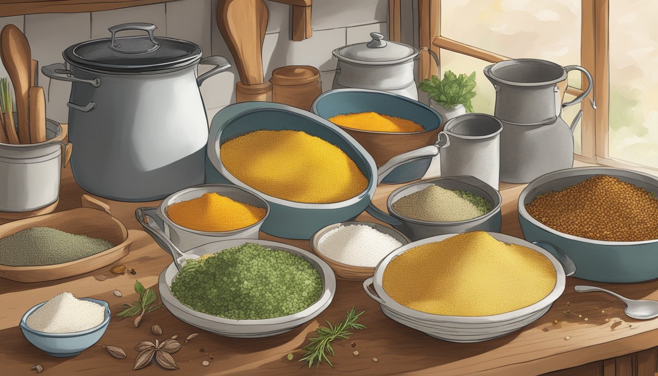 A rustic kitchen counter with a variety of spices and herbs arranged neatly next to a pot of steaming grits. A cookbook titled "Flavoring and Seasoning the ultimate guide to making breakfast grits" lies open next to the pot