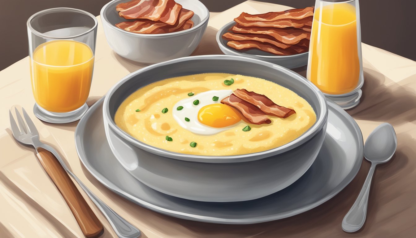 A steaming bowl of creamy grits topped with a pat of butter and a sprinkle of black pepper, accompanied by a side of sizzling bacon and a glass of freshly squeezed orange juice