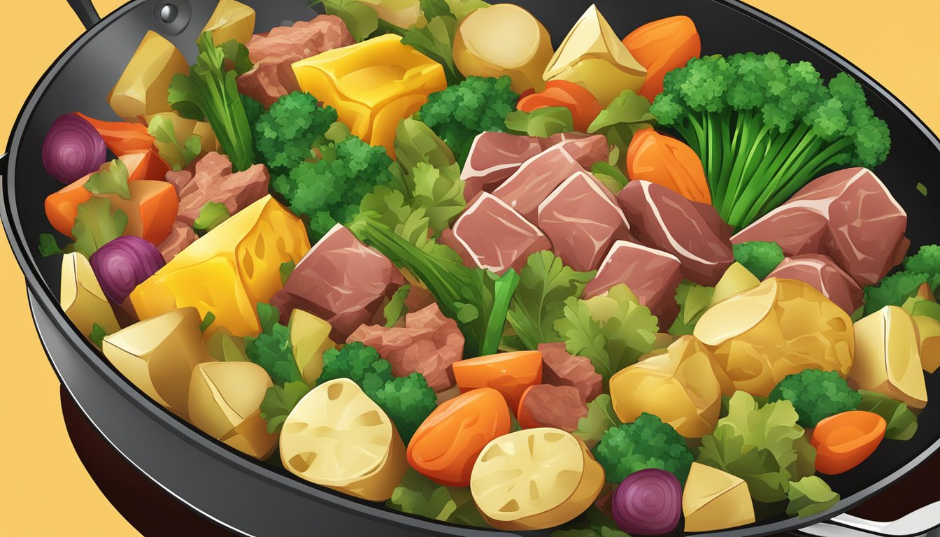 A colorful array of diced vegetables, potatoes, and meat sizzling in a large skillet, emitting delicious aromas