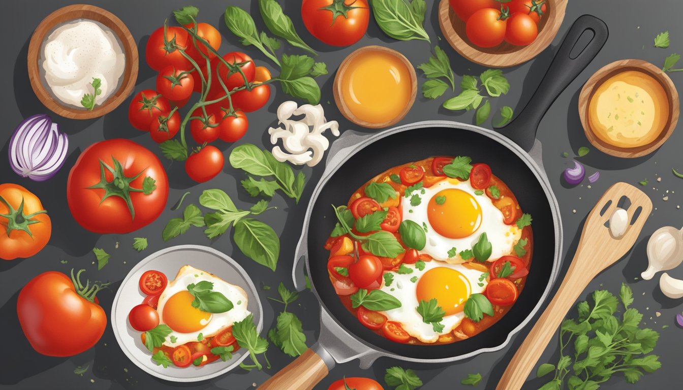 A person cooking shakshuka in a small skillet, surrounded by fresh ingredients like tomatoes, bell peppers, onions, and eggs