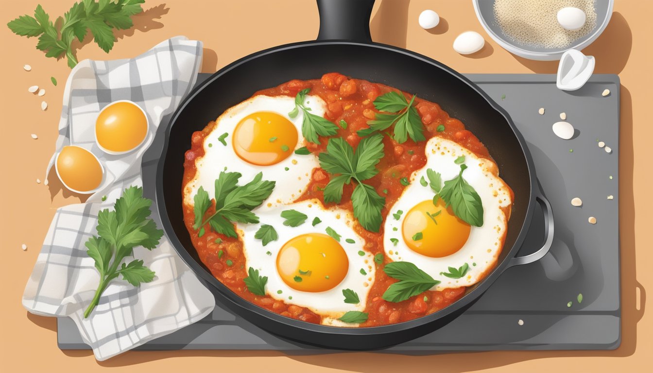 A skillet on a stovetop with simmering tomato sauce, cracked eggs, and sprinkled spices