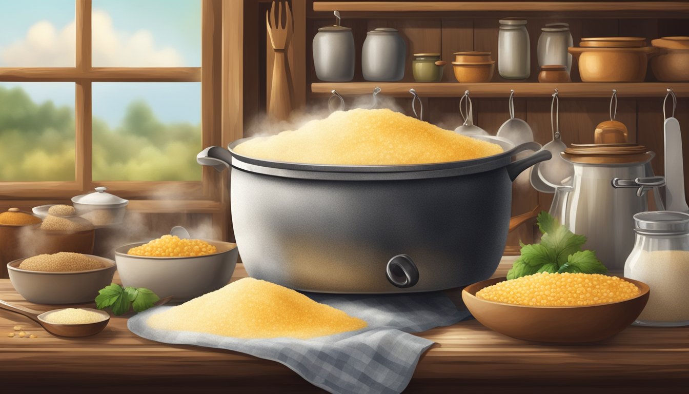 A rustic kitchen with a steaming pot of grits, surrounded by various quality grits products and utensils