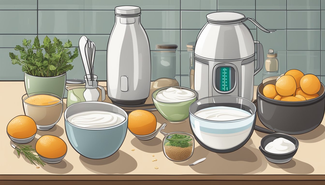 A countertop with bowls, a thermometer, a pot, and a whisk. Ingredients such as milk and yogurt culture sit nearby