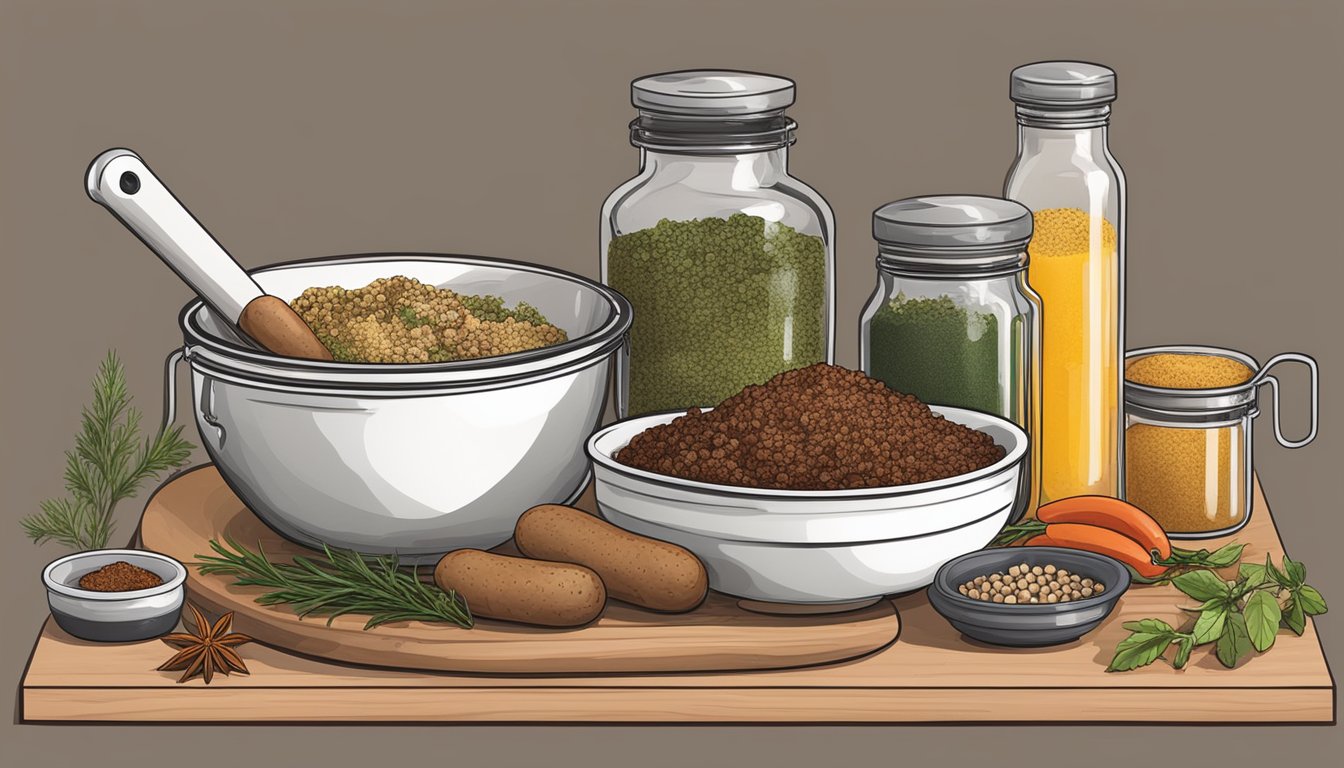 A kitchen counter with various spices, herbs, and ground meat, a mixing bowl, and a sausage stuffer