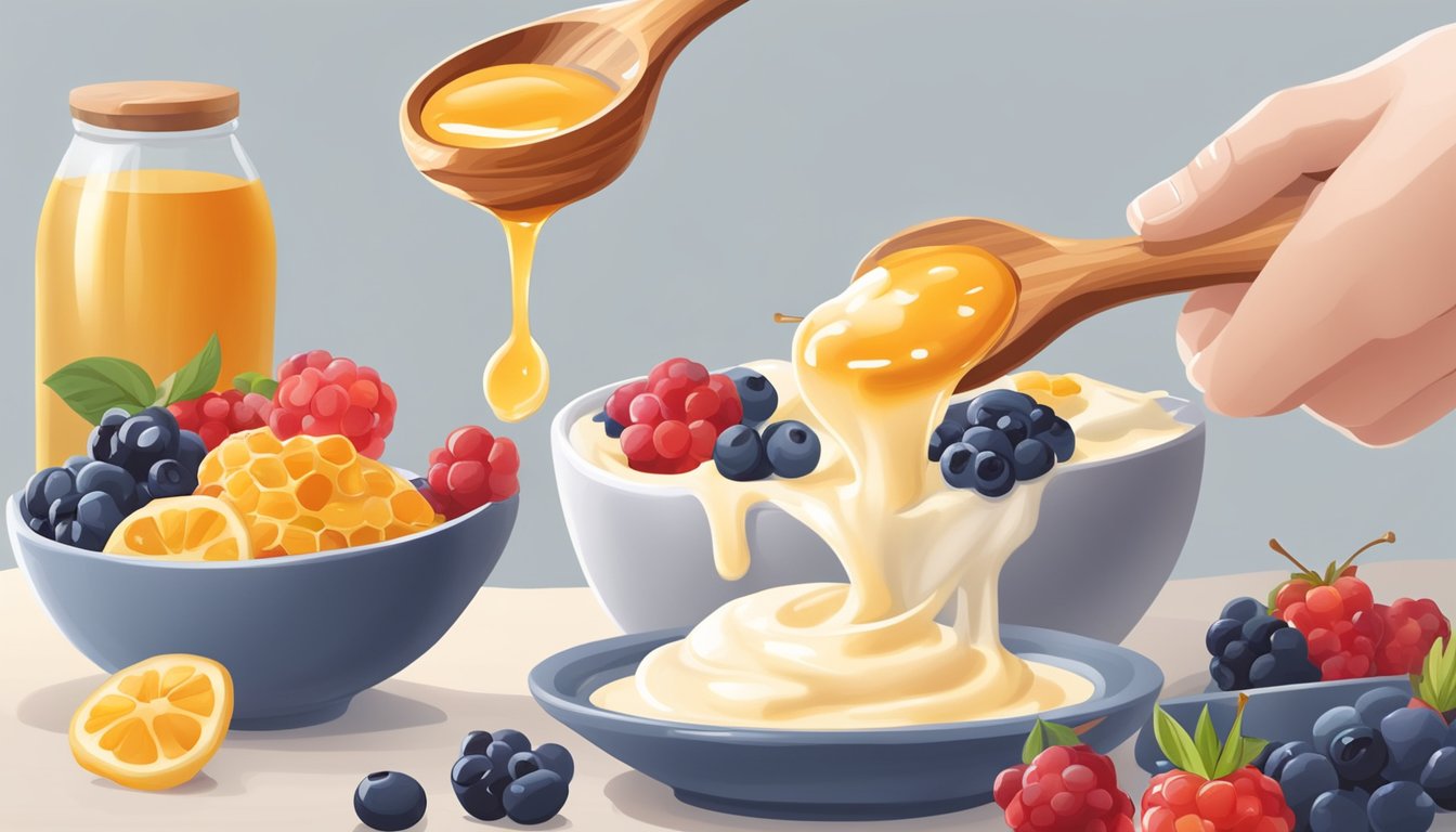 A hand pouring honey over a bowl of creamy homemade yogurt, with a spoon and fresh berries nearby