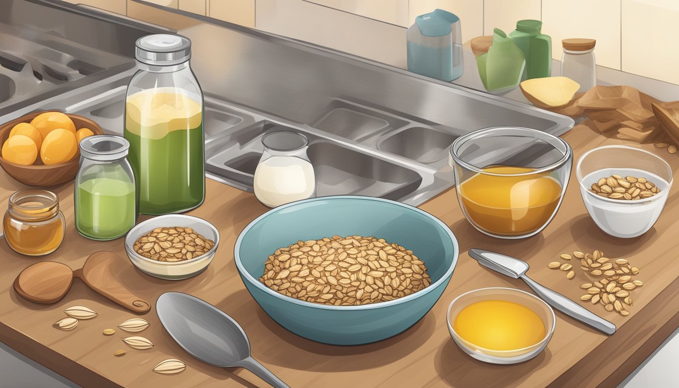 A kitchen counter with ingredients (oats, nuts, honey) and utensils (mixing bowl, spatula) for making granola bars