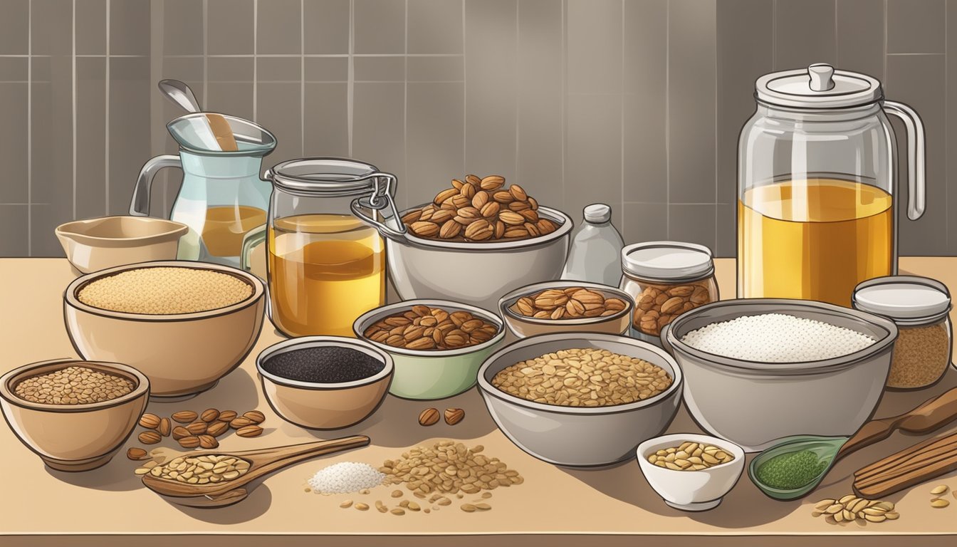 A kitchen counter with assorted ingredients and utensils for making granola bars, including oats, nuts, honey, and a mixing bowl