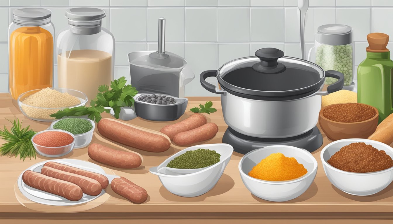 A kitchen counter with various ingredients and utensils for making breakfast sausage, including ground meat, spices, mixing bowls, and a sausage stuffer