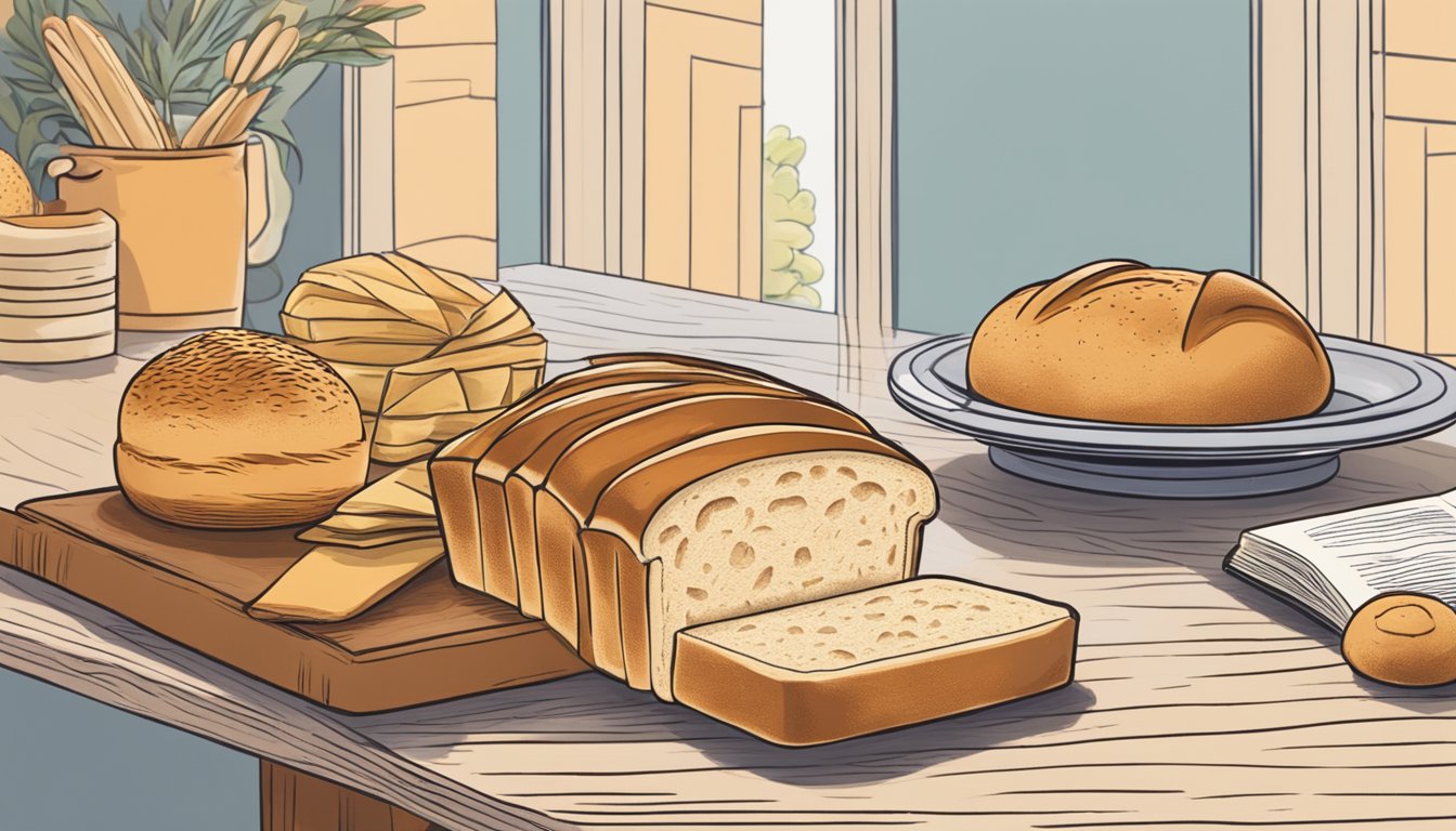 A hand reaches for a loaf of brioche next to a stack of various breads, with a book titled "Selecting the Right Bread" open on the table