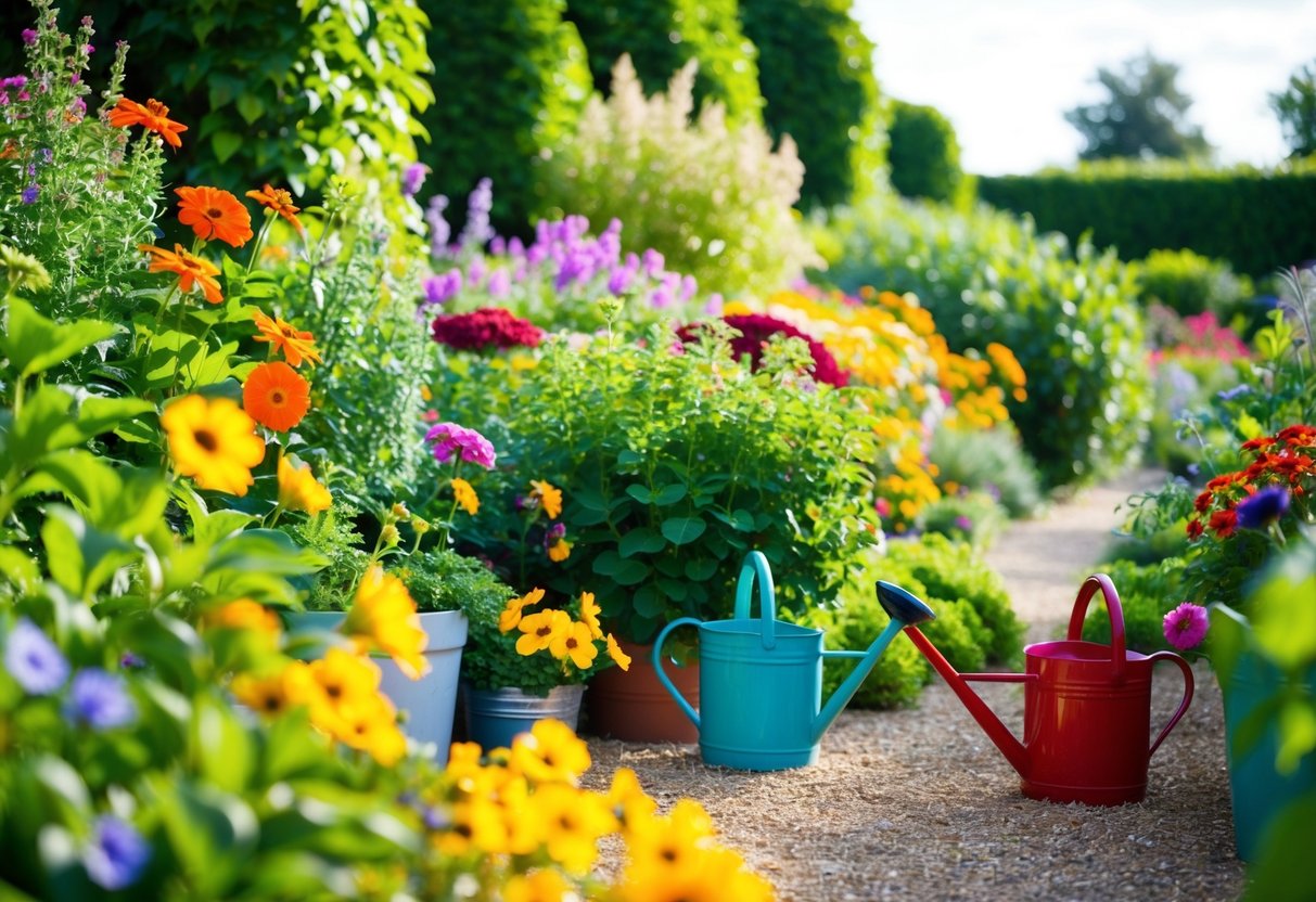 A lush garden bursting with colorful flowers and vibrant greenery, carefully tended to with gardening tools and watering cans nearby