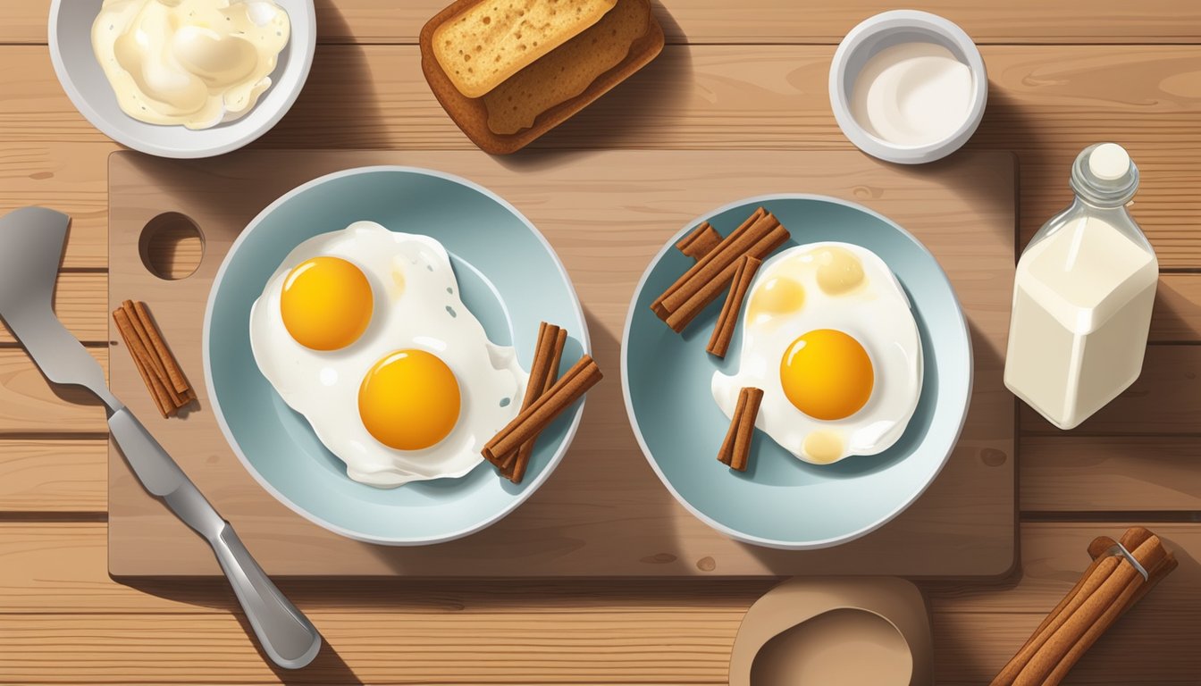 A bowl of beaten eggs, a bottle of milk, a sprinkle of cinnamon, and slices of bread laid out on a cutting board