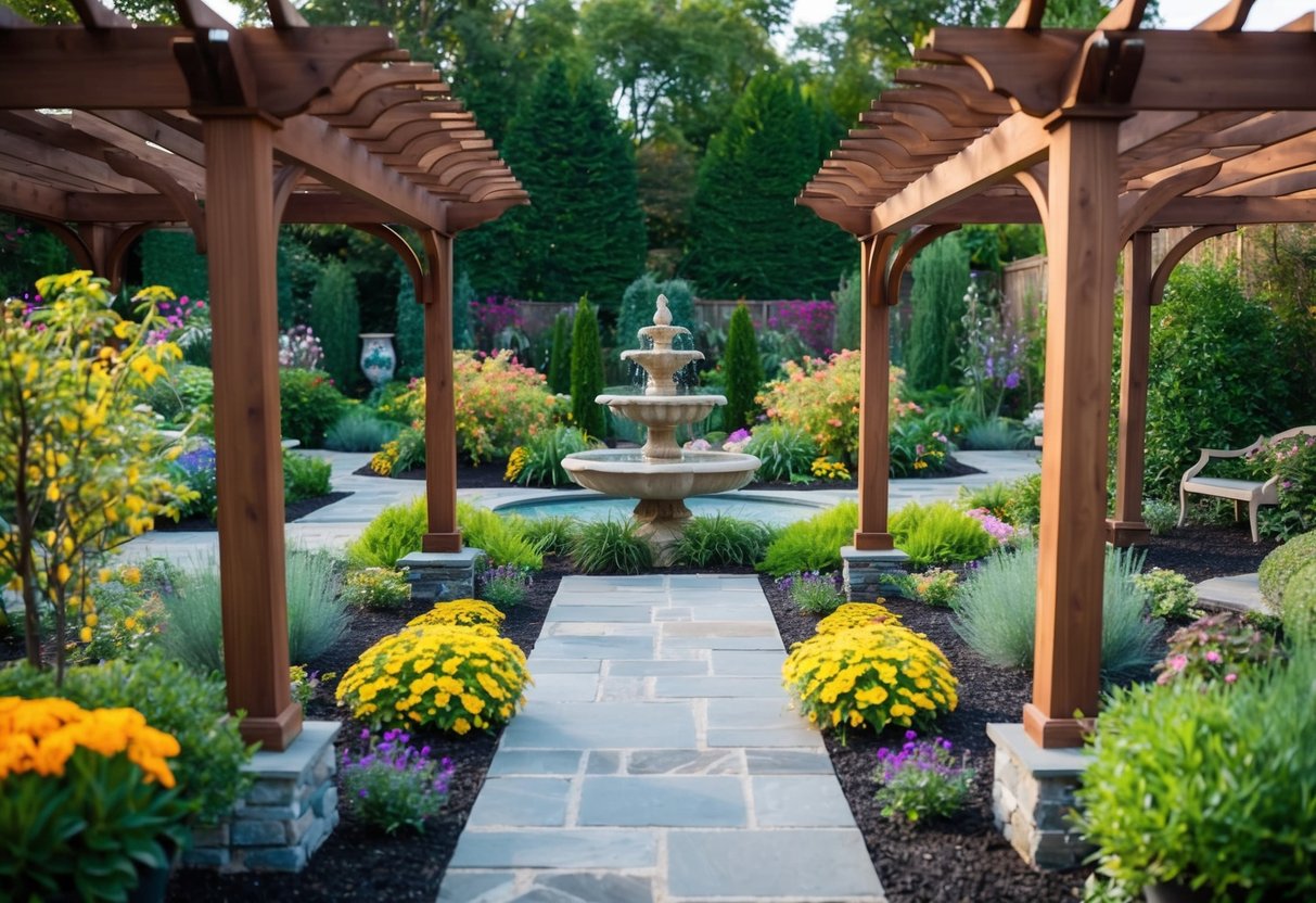 A garden with a variety of hardscape elements like stone pathways, wooden pergolas, and decorative fountains surrounded by vibrant seasonal plants and flowers