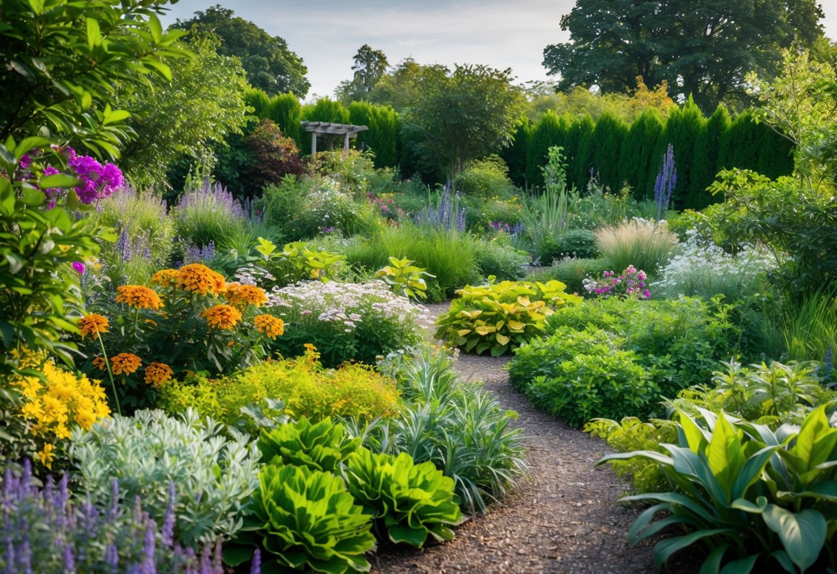 A lush garden bursting with diverse flora, from vibrant spring blooms to robust summer foliage, all carefully arranged to support local wildlife and conserve resources