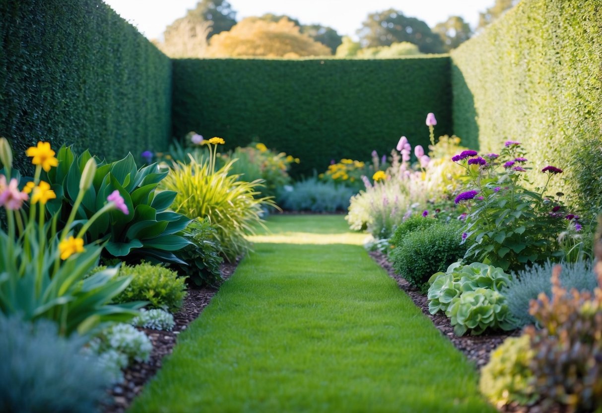 A tranquil garden with a variety of seasonal plants and flowers, surrounded by a tall hedge for privacy and boundaries