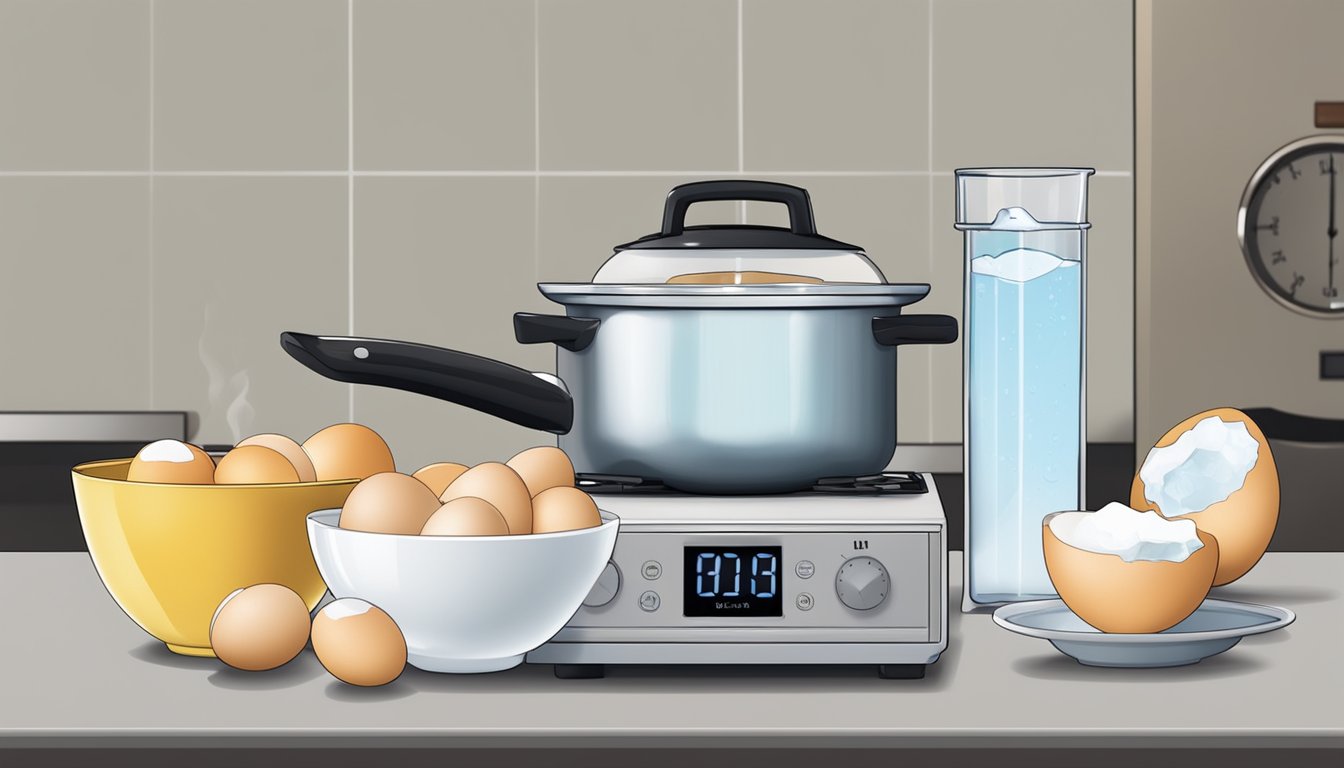 A pot of boiling water with eggs inside, a timer set, and a bowl of ice water ready for the perfect hard boiled eggs