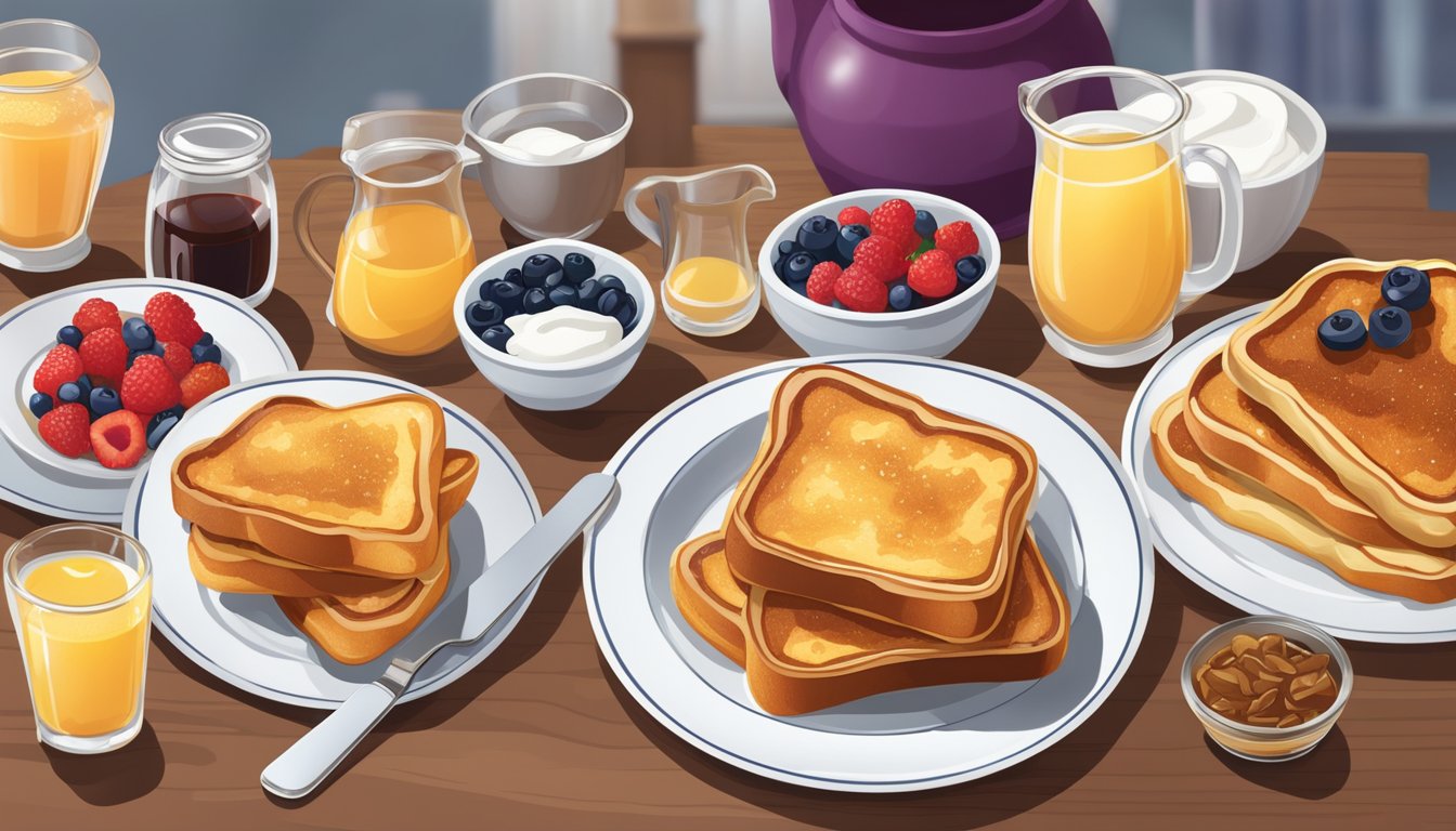 A breakfast table with a plate of golden brown French toast, surrounded by assorted accompaniments and sides such as berries, syrup, and powdered sugar