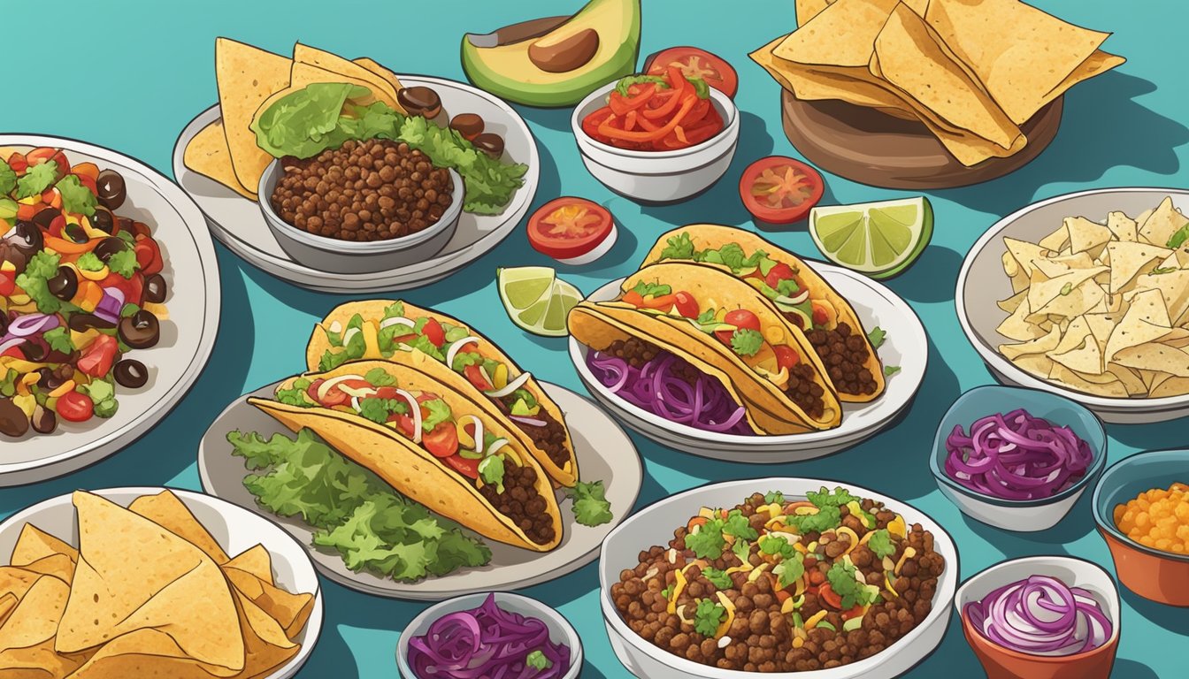 A colorful spread of various taco fillings and toppings arranged on a table, ready to be customized for a crowd or individual enjoyment