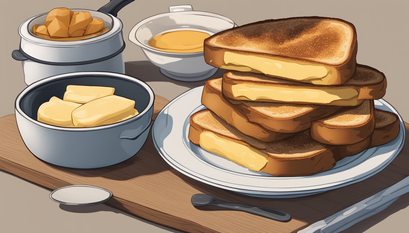 A kitchen counter with a stack of bread, a bowl of batter, a frying pan, and a plate of freshly made French toast