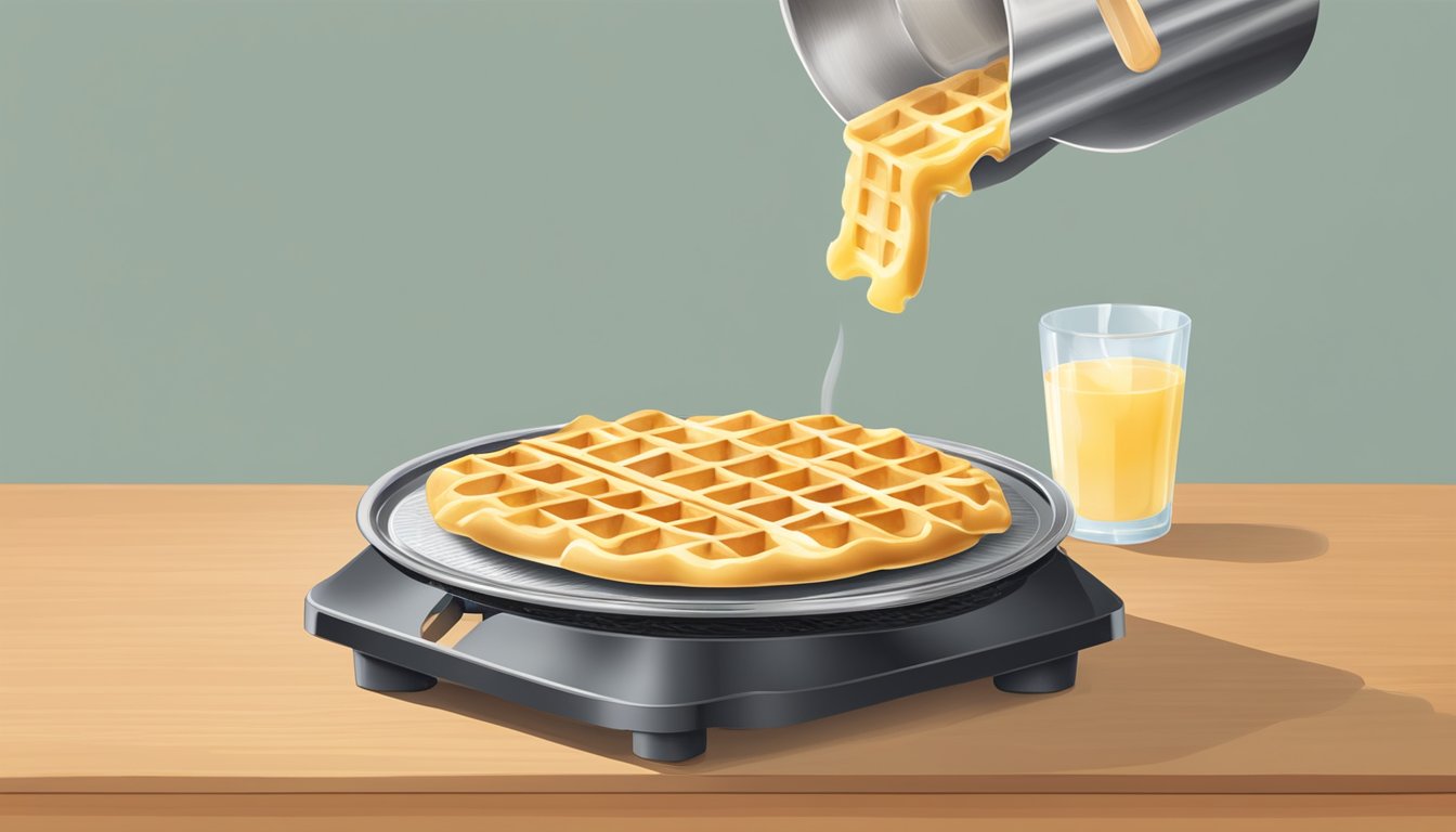 A bowl of waffle batter being poured onto a hot griddle, sizzling as it spreads into a perfect circle