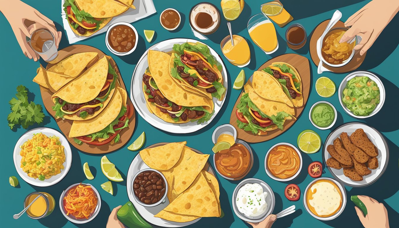 A colorful spread of breakfast tacos, sides, and beverages arranged on a table, ready to be enjoyed by a group or for a solo meal