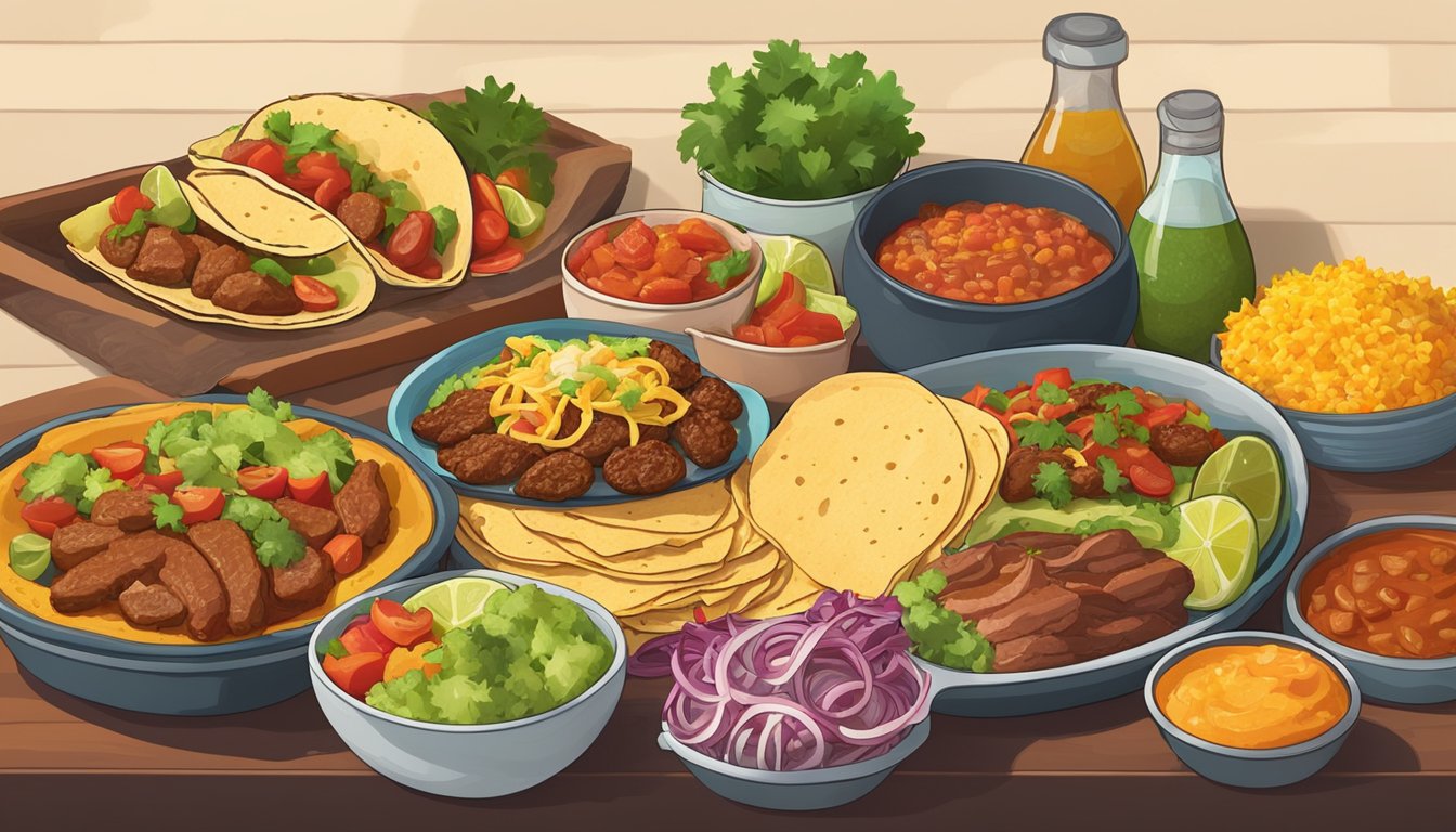 A colorful spread of fresh ingredients, sizzling meats, and warm tortillas, all arranged in an inviting display for the ultimate taco bar experience