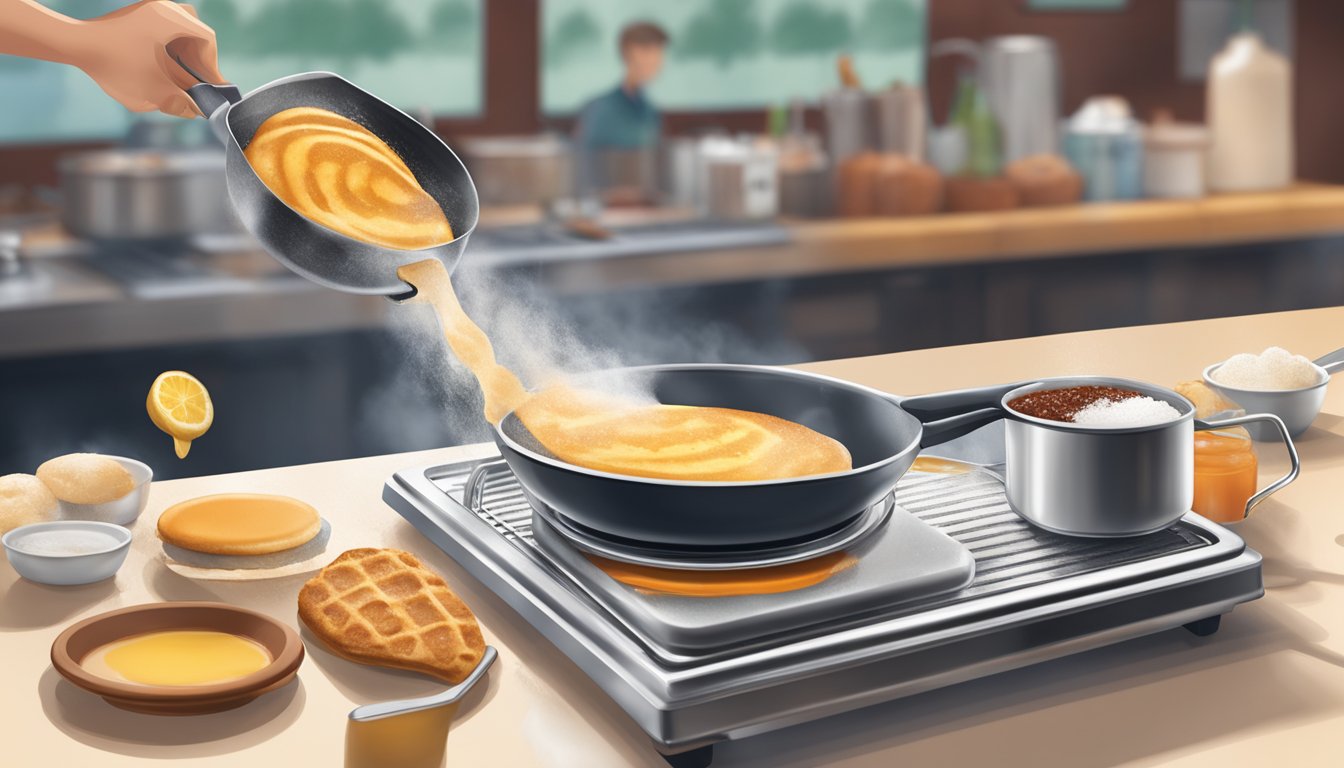 A batter being poured onto a hot, greased griddle with steam rising, spatula ready to flip. Toppings and syrups laid out for customization