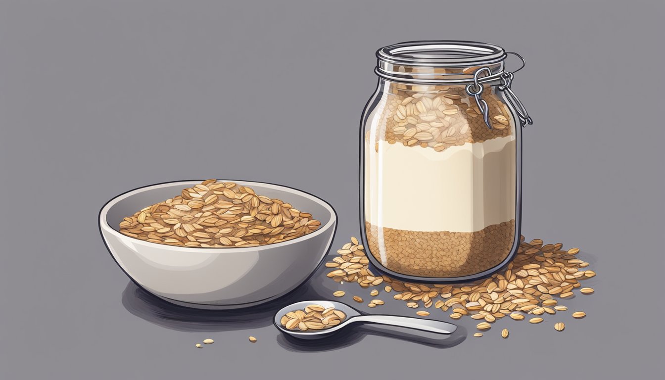 A wooden table with a glass jar filled with oats, milk, and various toppings like fruits, nuts, and seeds. A spoon and a recipe book titled "Nutritional Considerations: The Ultimate Guide to Overnight Oats" are placed next to the jar