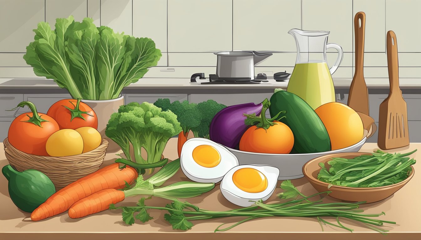 A variety of fresh vegetables and eggs arranged on a kitchen counter, with a whisk and bowl nearby