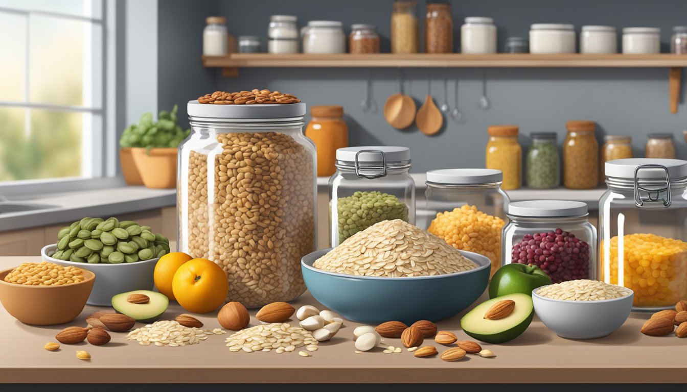 A variety of ingredients and toppings spread out on a kitchen counter, with jars of oats and fruits, and bowls of nuts and seeds