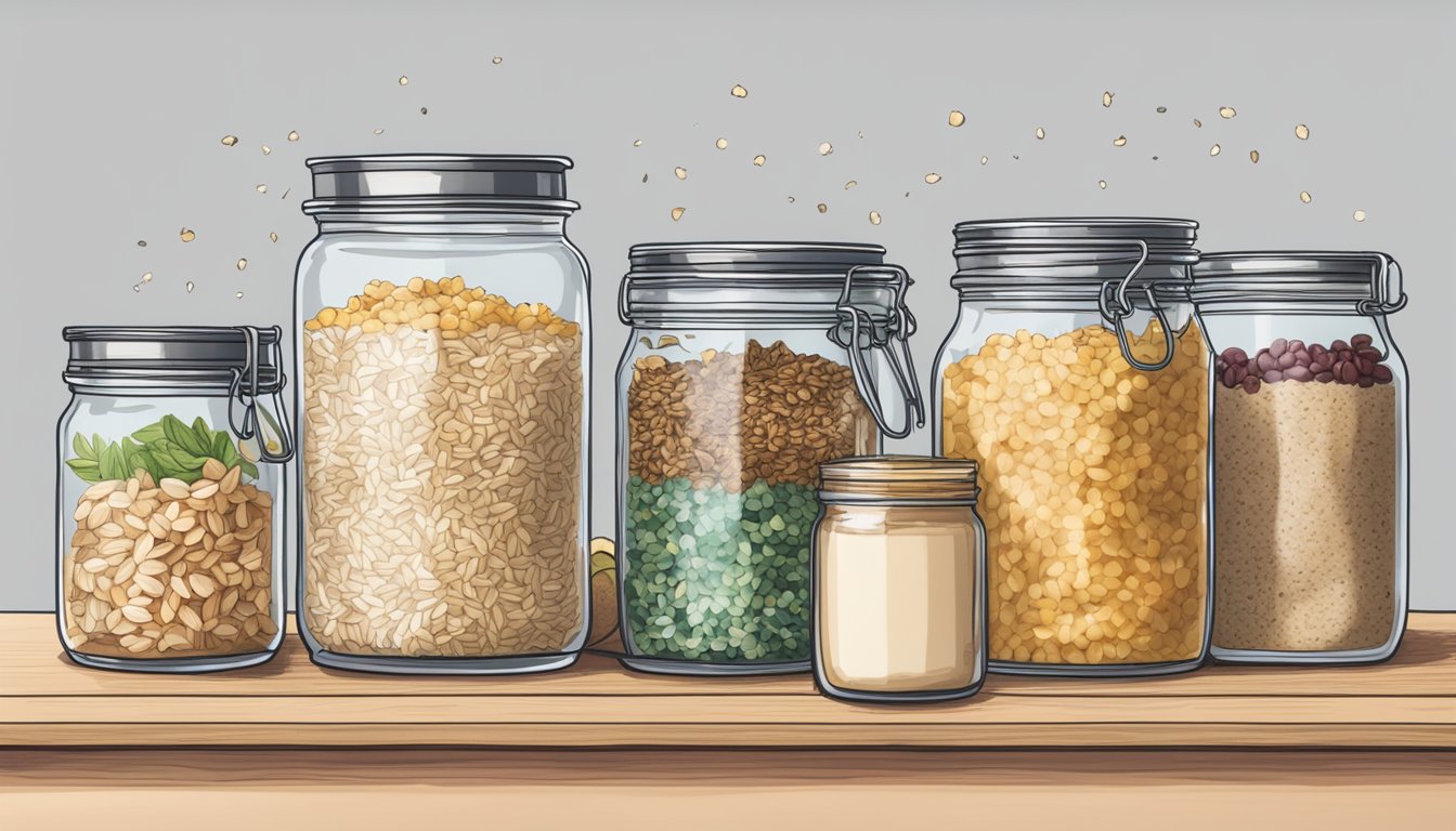 A kitchen counter with jars of oats, various toppings, and a recipe book open to a page titled "Storing and Serving Recommendations: The Ultimate Guide to Overnight Oats."