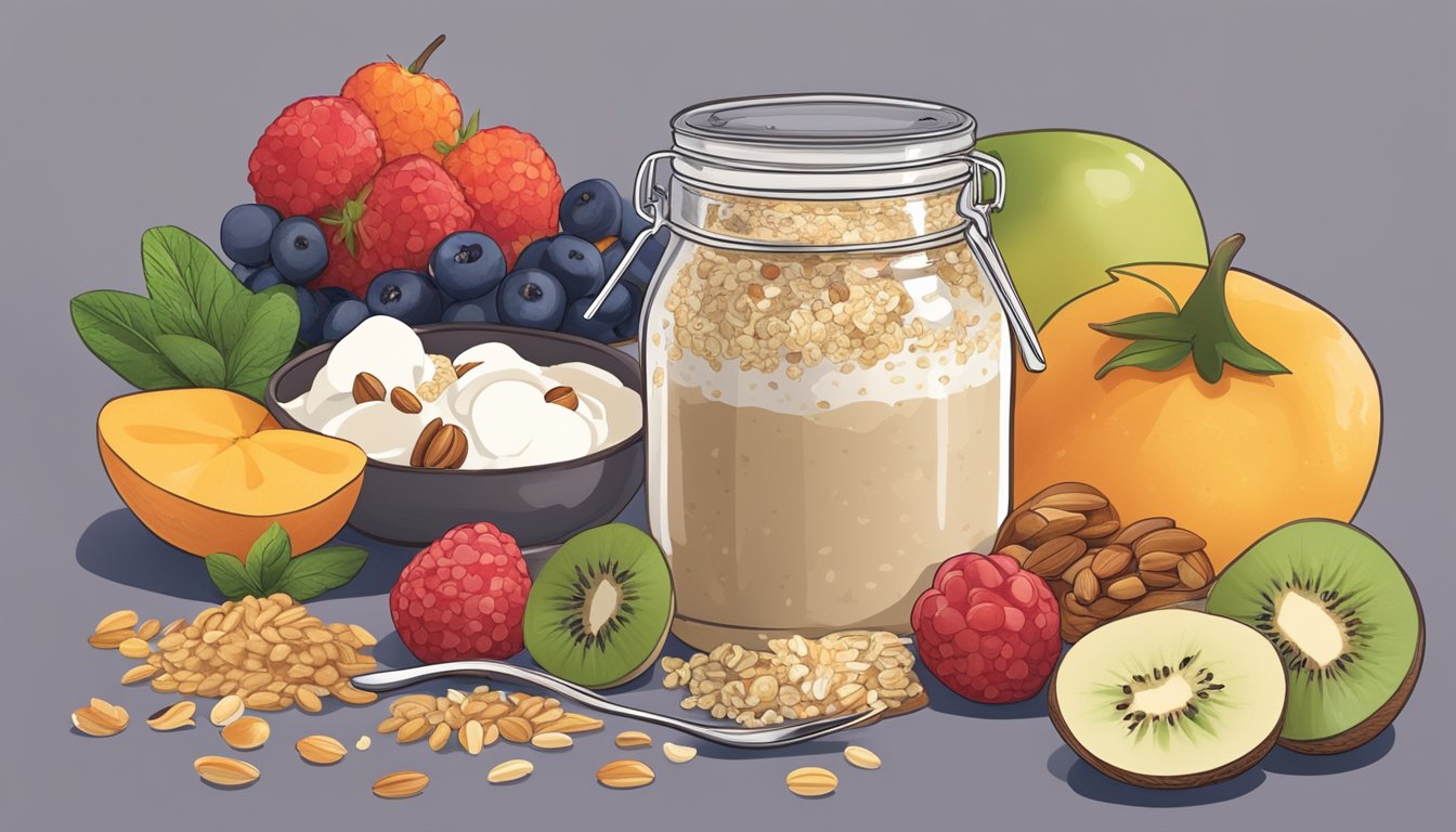 A kitchen counter with a jar of overnight oats surrounded by various toppings and ingredients, such as fruits, nuts, and seeds. A spoon and a bowl are nearby