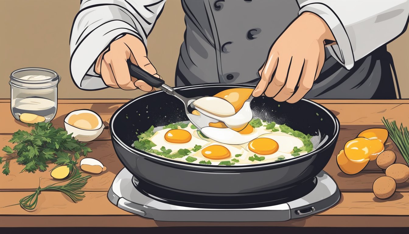 A chef expertly cracks eggs into a bowl, adding various ingredients and whisking them together before pouring the mixture into a sizzling skillet