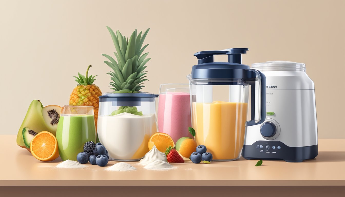 A blender filled with fruits, yogurt, and protein powder, surrounded by containers of liquid bases and thickeners