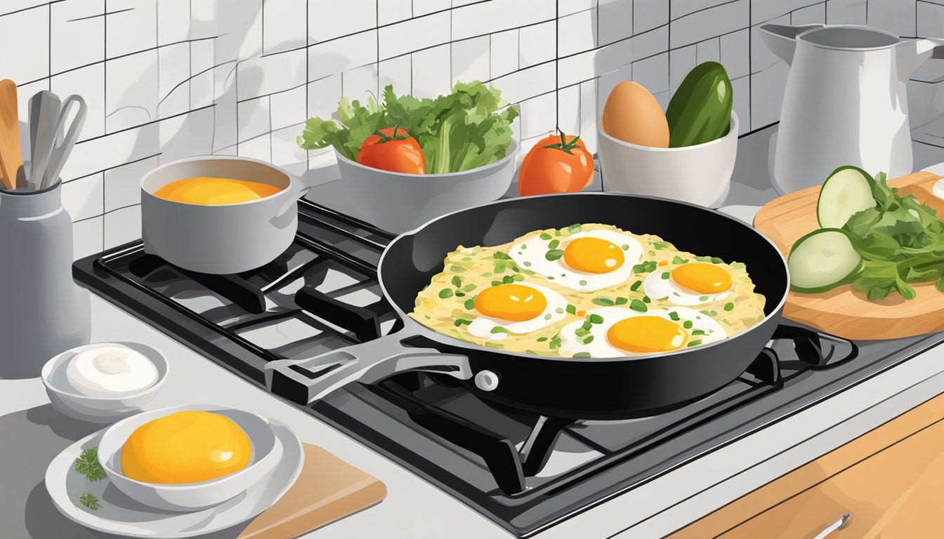 A kitchen counter with a cutting board, eggs, vegetables, and a mixing bowl. A skillet on the stove, and a frittata cooling on a wire rack