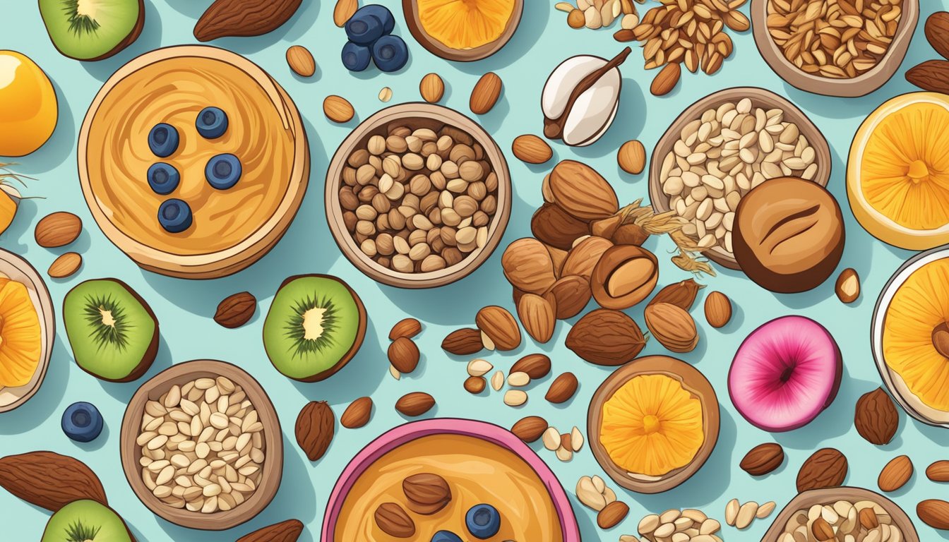 A variety of nuts and seeds scattered around a colorful array of protein-packed breakfast smoothies