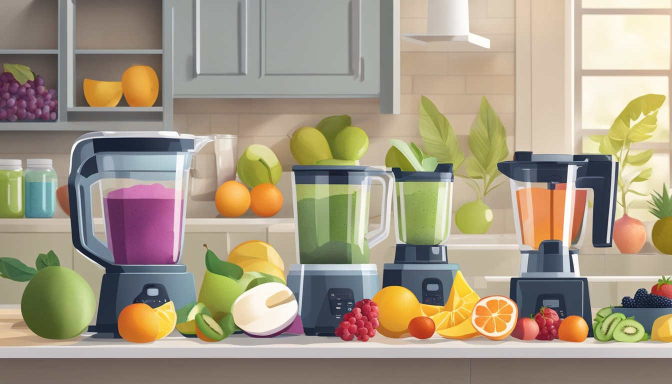 A variety of colorful fruits and protein powders arranged on a kitchen counter, with a blender and glass jars nearby