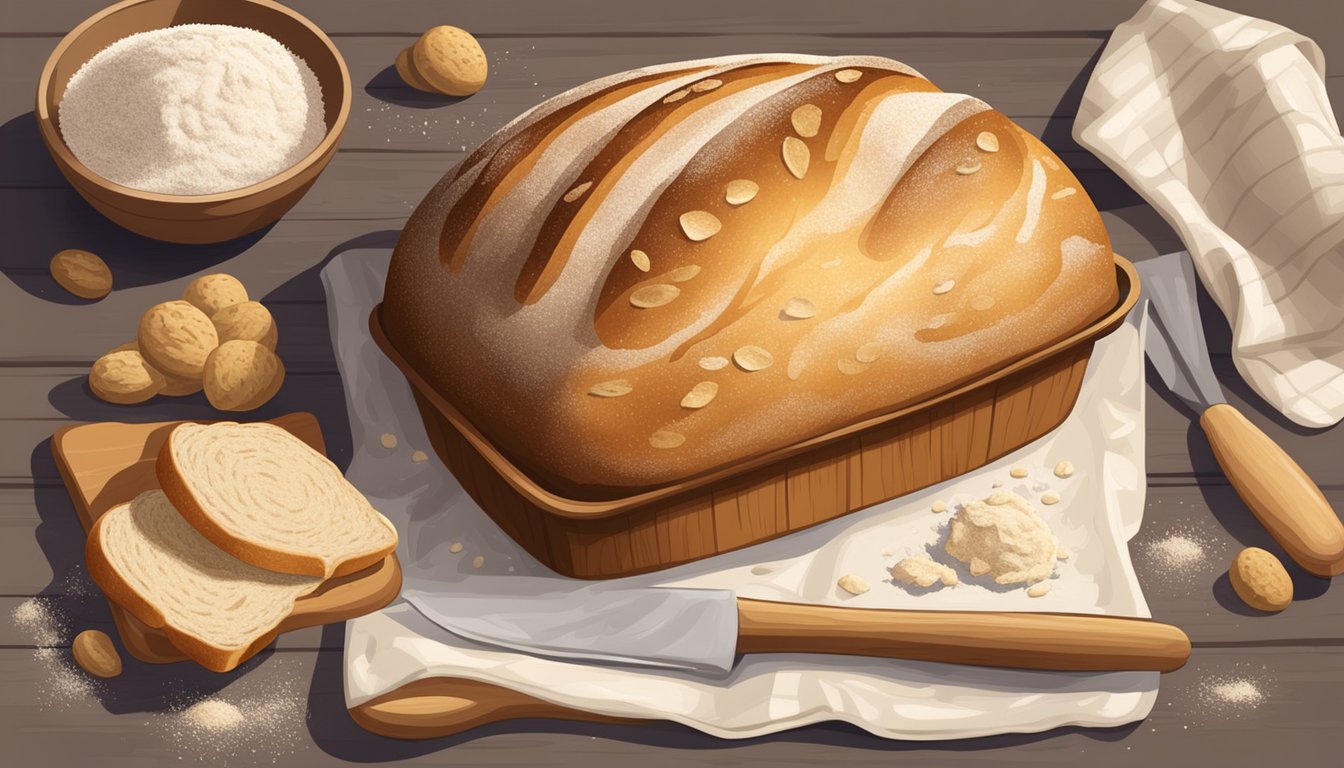 A rustic wooden table with a freshly baked loaf of sourdough bread, surrounded by scattered flour, a rolling pin, and a bowl of starter dough