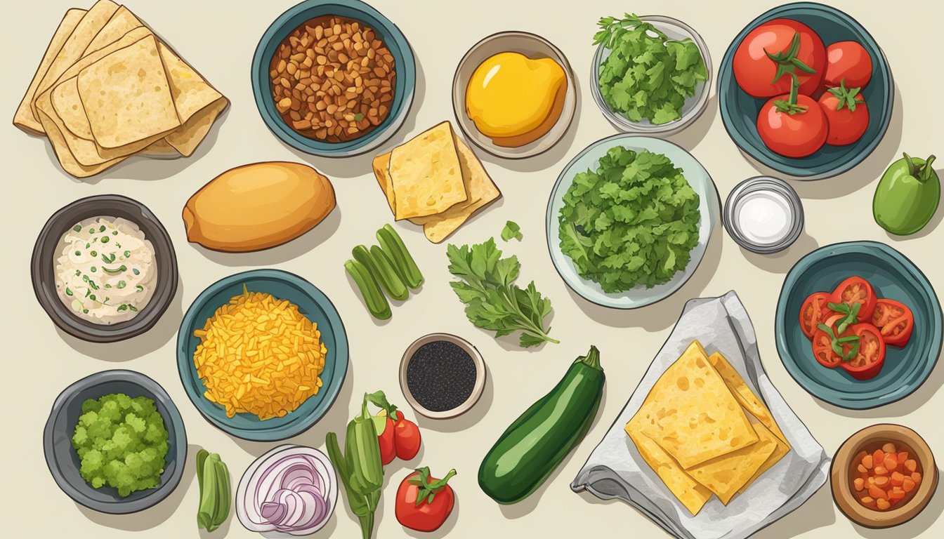 A kitchen counter with various fresh ingredients laid out for making breakfast burritos