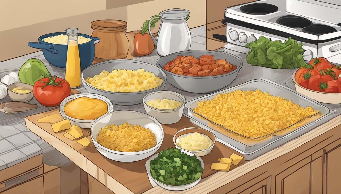 A kitchen counter with ingredients laid out for assembling breakfast burritos: tortillas, scrambled eggs, diced vegetables, shredded cheese, and cooked meats