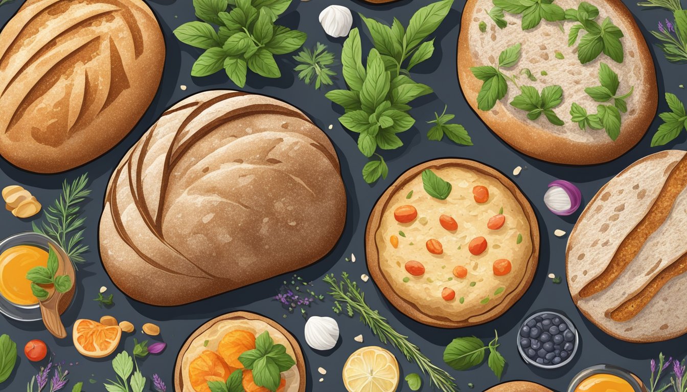 A variety of sourdough loaves arranged with colorful and textured toppings, surrounded by fresh herbs and ingredients