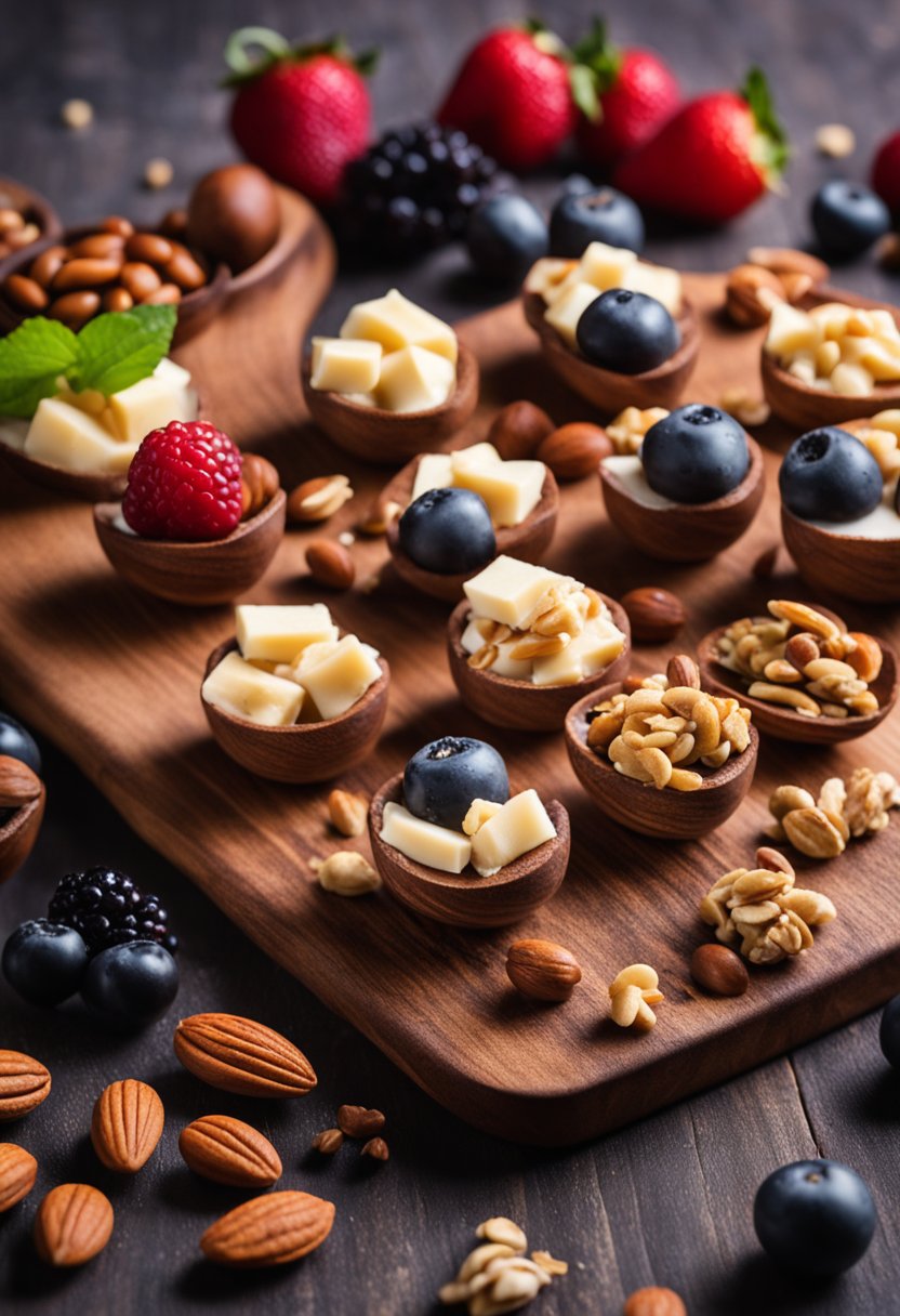 A variety of keto fat bomb snacks arranged on a wooden cutting board with a scattering of nuts and berries