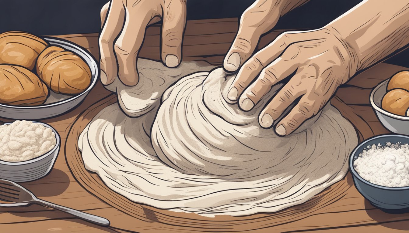 A rustic kitchen table covered in flour, a bowl of bubbling sourdough starter, and a baker's hands shaping dough