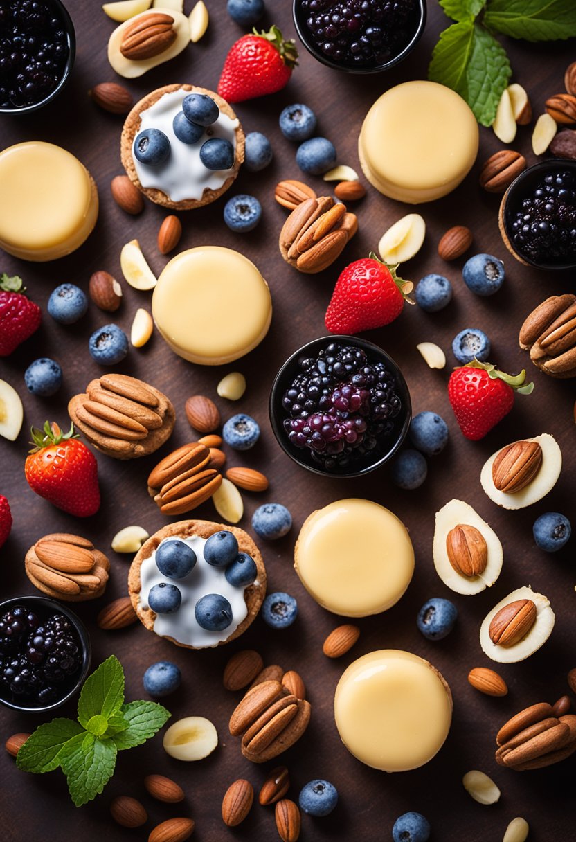 A variety of keto fat bombs arranged on a wooden platter with fresh berries and nuts scattered around for a colorful and appetizing display