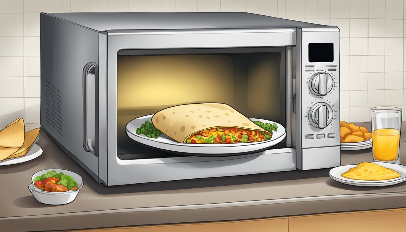 A microwave with a steaming breakfast burrito on a plate