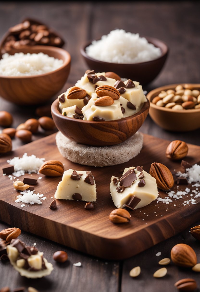 A variety of keto fat bombs arranged on a wooden cutting board with nuts, coconut, and chocolate chips scattered around