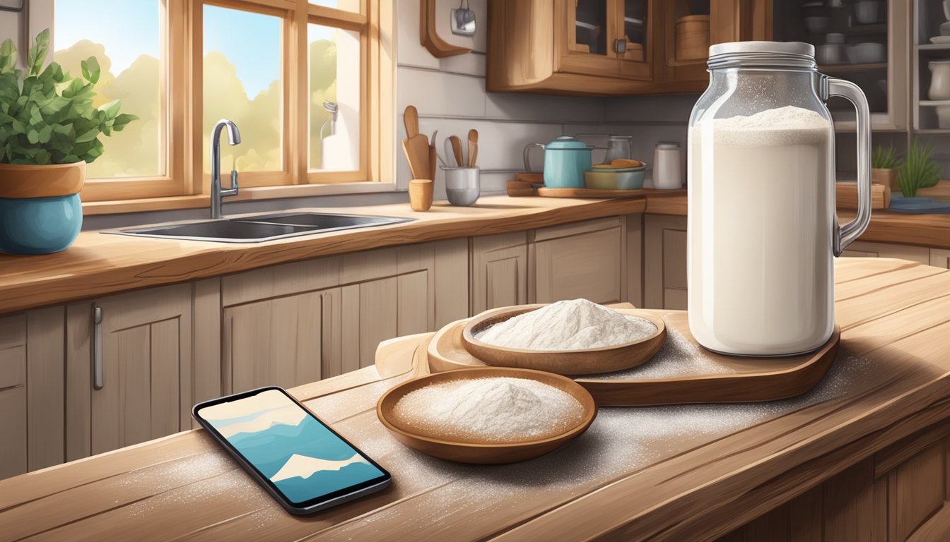 A rustic kitchen with a wooden table covered in flour, a bowl of sourdough starter, and a smartphone with social media app open