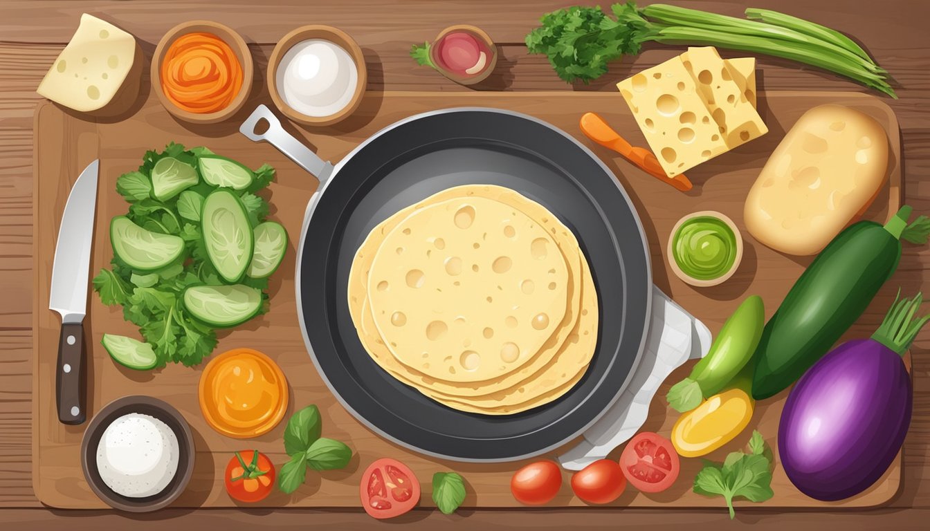 A table set with a variety of colorful ingredients, including eggs, cheese, vegetables, and tortillas, with a chef's knife and cutting board nearby