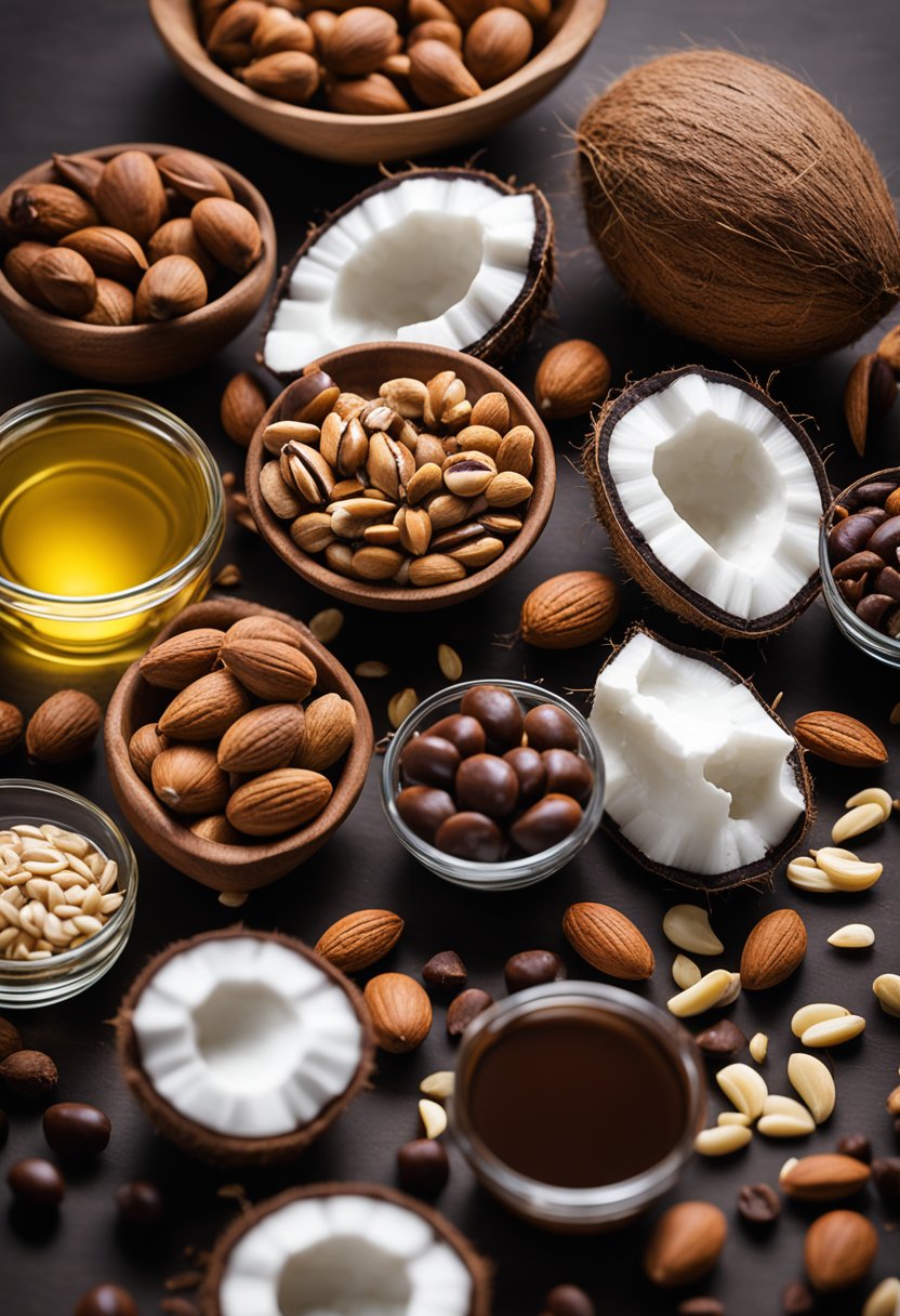 A variety of nuts, seeds, coconut oil, and dark chocolate arranged on a clean, modern kitchen counter