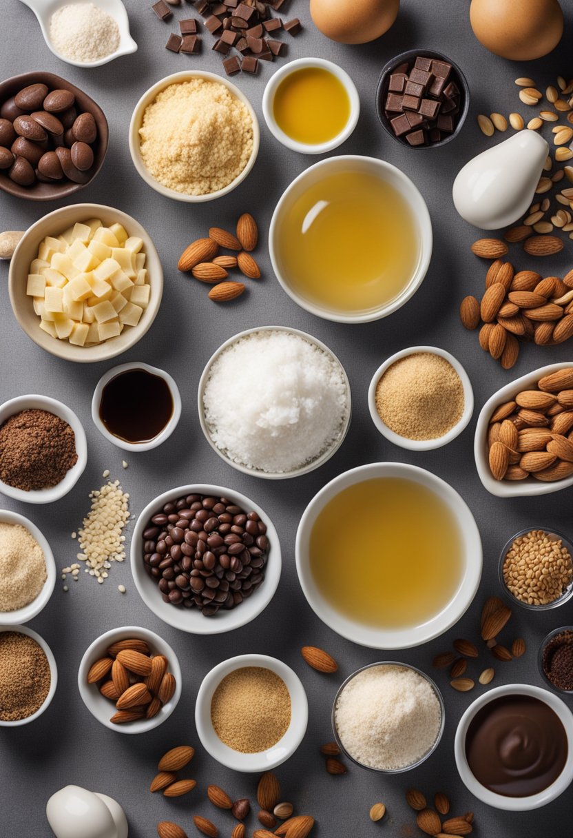 A kitchen counter with assorted ingredients like coconut oil, almond flour, and dark chocolate laid out for making keto fat bomb snacks