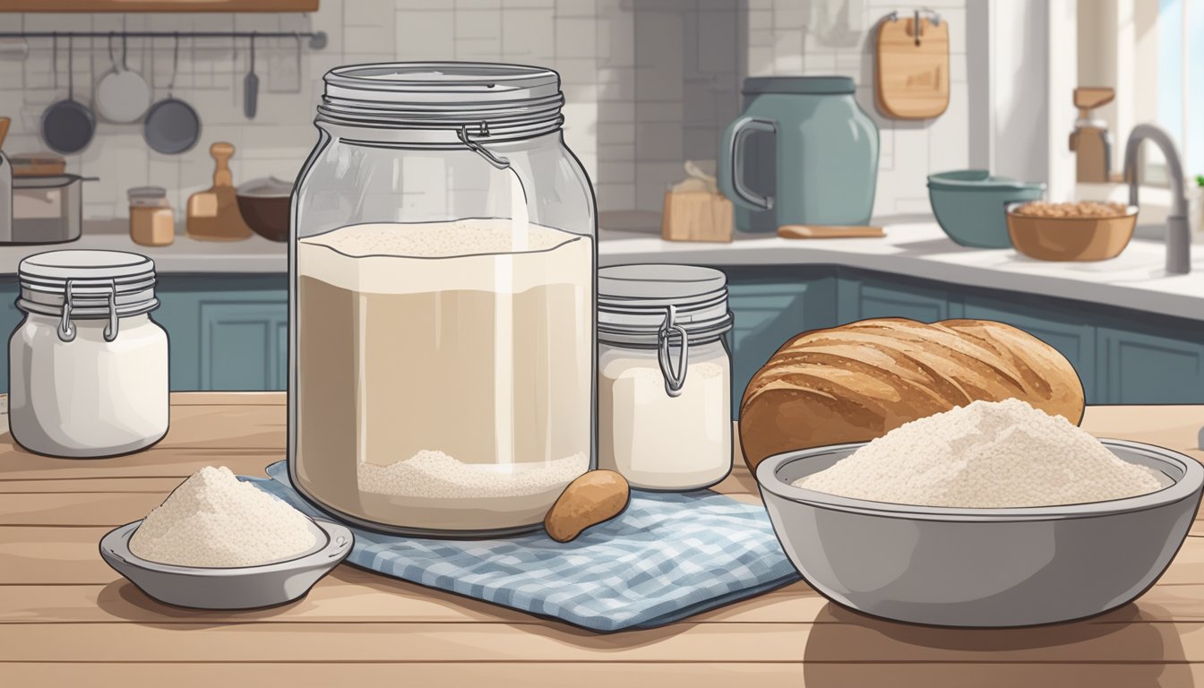 A sourdough starter sits on a kitchen counter, surrounded by flour, a mixing bowl, and a jar of water. A smartphone shows social media posts about sourdough baking